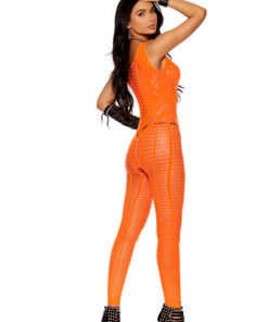 Crochet Footless Bodystocking With Open Crotch – One Size – Orange