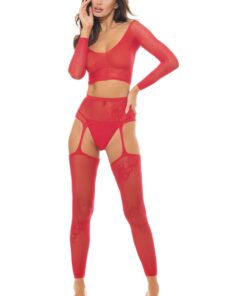 Permanent Mark Long Sleeve Top and Garter Bodystocking Red – Os