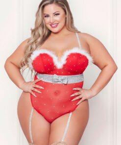 Rhinestone Studded Mesh Teddy With Marabou Trim – X-Large – Red